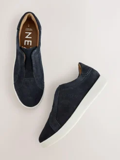 New Next Signature Premium Leather Laceless Slip-On Trainers Navy