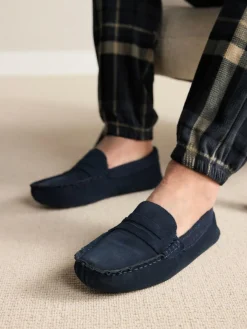 Next Signature Suede Fabric Trim Moccasin Slippers Navy