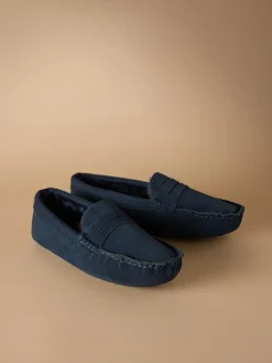 Next Signature Suede Fabric Trim Moccasin Slippers Navy