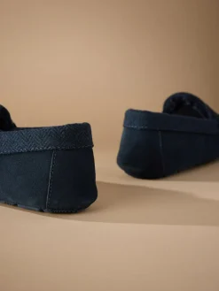 Next Signature Suede Fabric Trim Moccasin Slippers Navy
