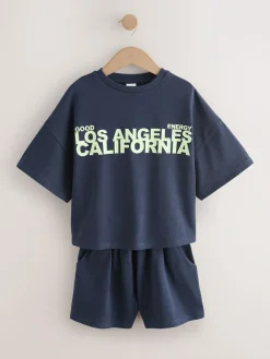 Discount Next Navy Slogan Heavyweight T-Shirt and Shorts Set (3-16yrs)