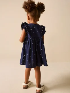 New Next Navy Spot Double Ruffle Sleeve Dress (3mths-8yrs)