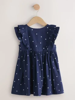 New Next Navy Spot Double Ruffle Sleeve Dress (3mths-8yrs)