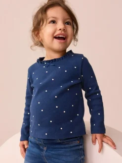 Next Navy Spot Long Sleeve Pointelle T-Shirt (3mths-7yrs)^ Tops