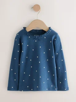 Next Navy Spot Long Sleeve Pointelle T-Shirt (3mths-7yrs)^ Tops
