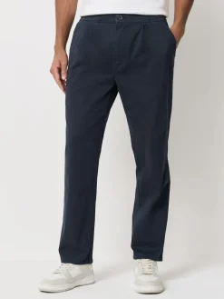 Next Straight Fit Pleated Stretch Chinos Trousers With Elasticated Waist Navy