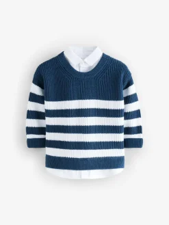 Best Next Navy Stripe 100% Cotton Knitted Mock Shirt Jumper (3mths-7yrs)