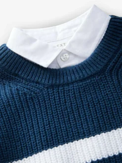 Best Next Navy Stripe 100% Cotton Knitted Mock Shirt Jumper (3mths-7yrs)