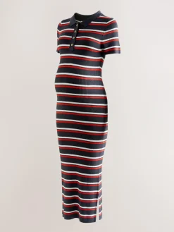Next Navy Stripe Maternity Collared Knit Dress^Women Midi Dresses|Knitwear