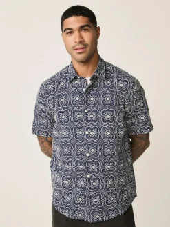 Next Textured Embroidered Tile Short Sleeve Shirt Navy