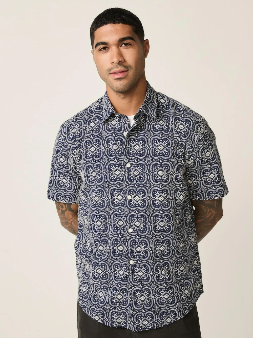 Next Textured Embroidered Tile Short Sleeve Shirt Navy