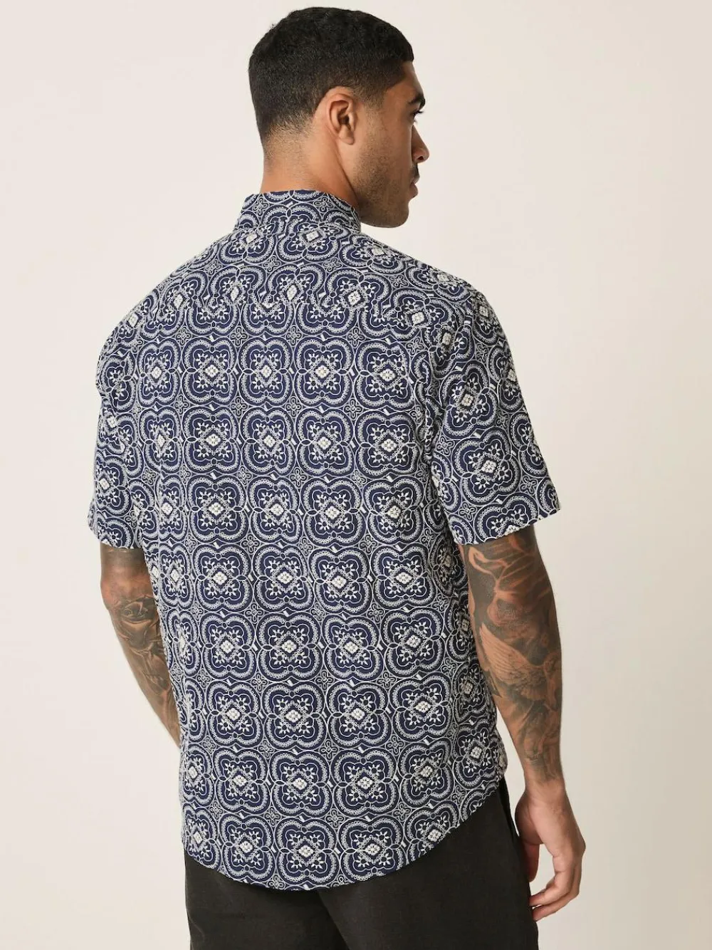 Next Textured Embroidered Tile Short Sleeve Shirt Navy