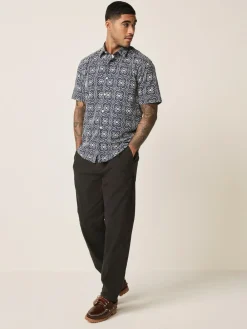 Next Textured Embroidered Tile Short Sleeve Shirt Navy