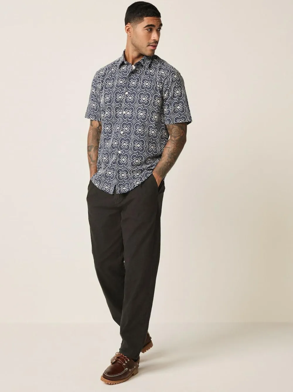 Next Textured Embroidered Tile Short Sleeve Shirt Navy