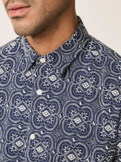 Next Textured Embroidered Tile Short Sleeve Shirt Navy