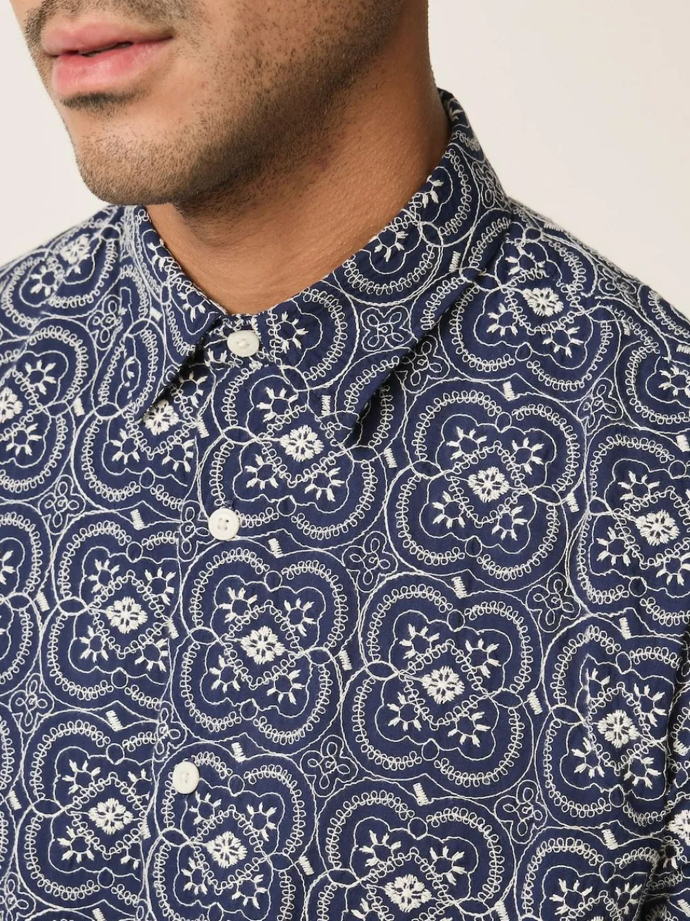 Next Textured Embroidered Tile Short Sleeve Shirt Navy