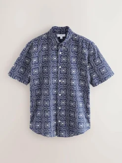 Next Textured Embroidered Tile Short Sleeve Shirt Navy