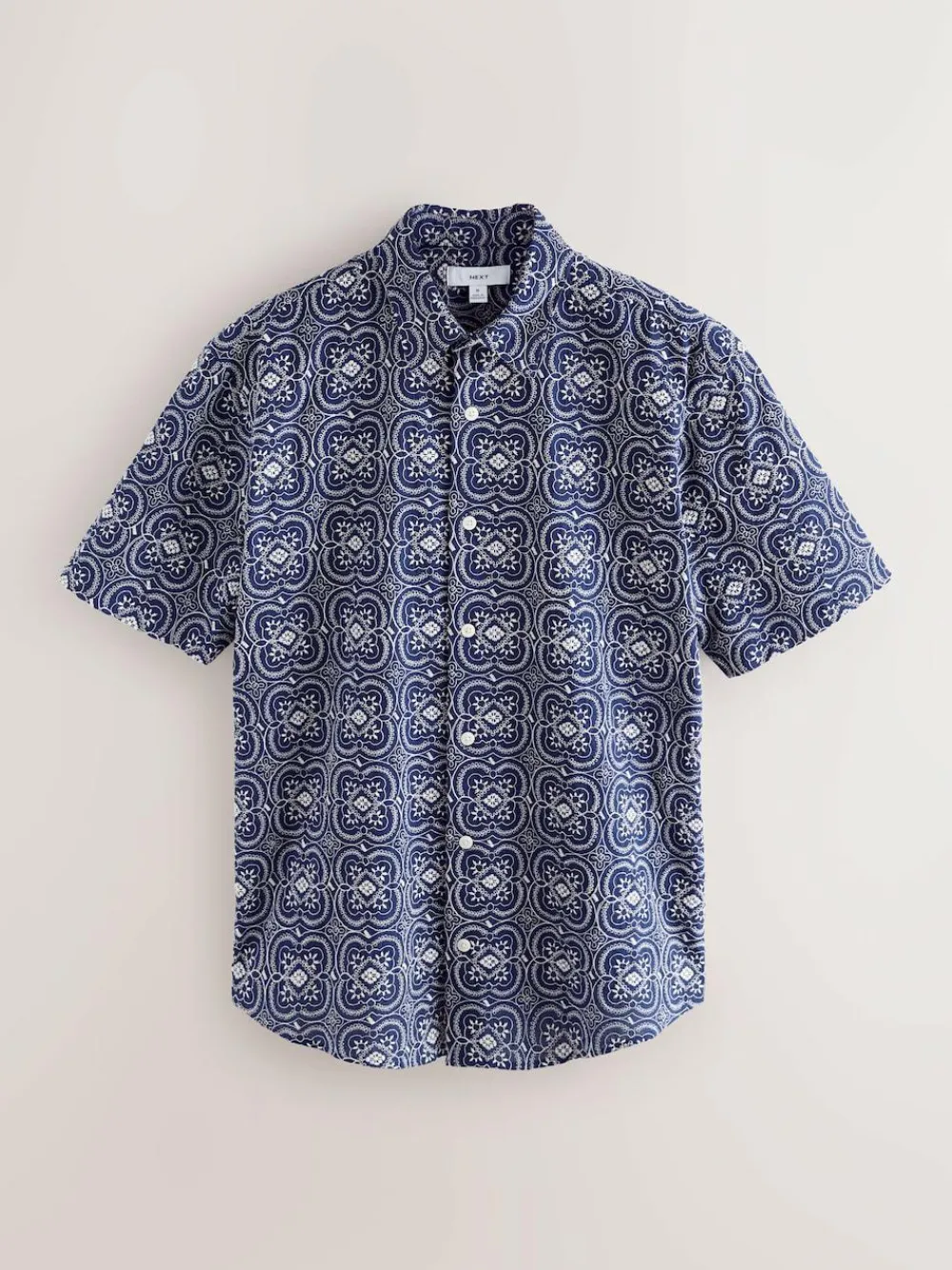 Next Textured Embroidered Tile Short Sleeve Shirt Navy