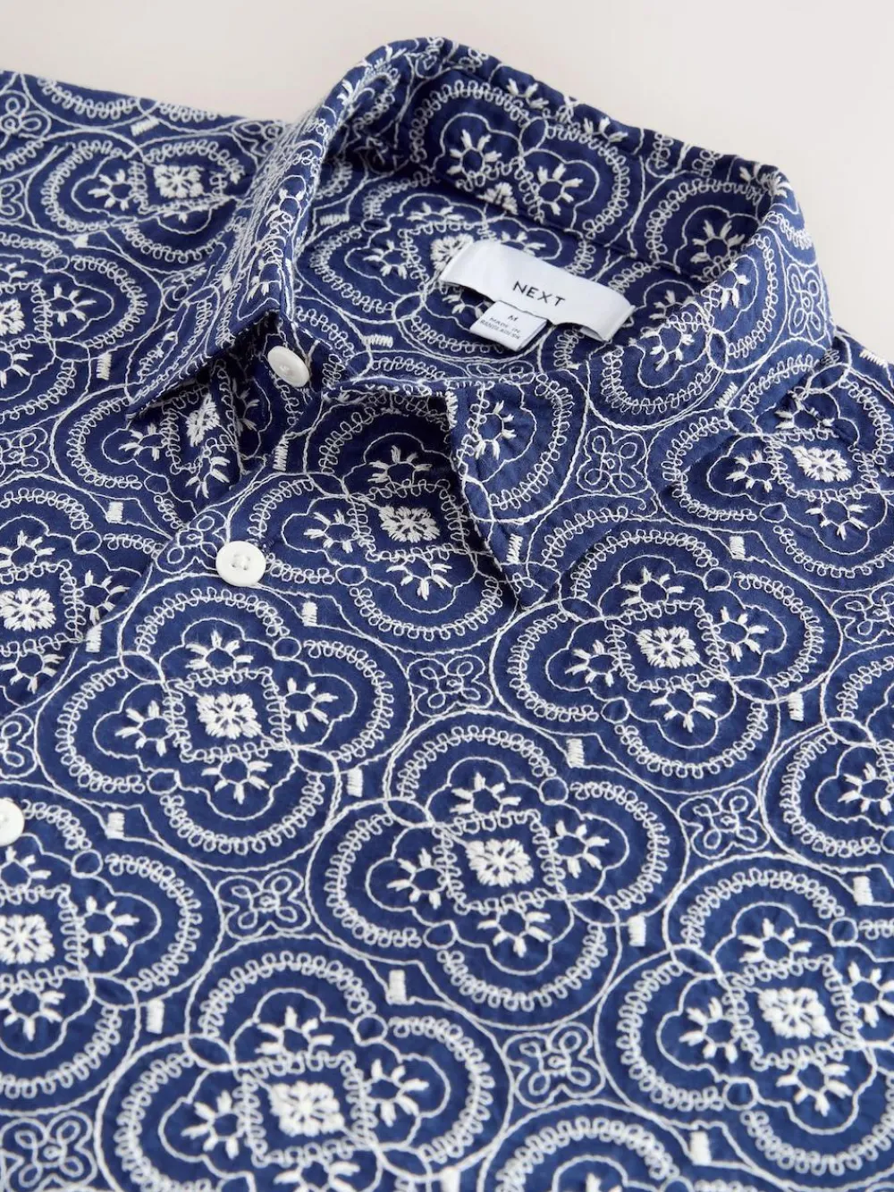 Next Textured Embroidered Tile Short Sleeve Shirt Navy