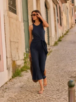 Next Navy Textured Jersey Tie Waist Maxi Dress^Women Maxi Dresses