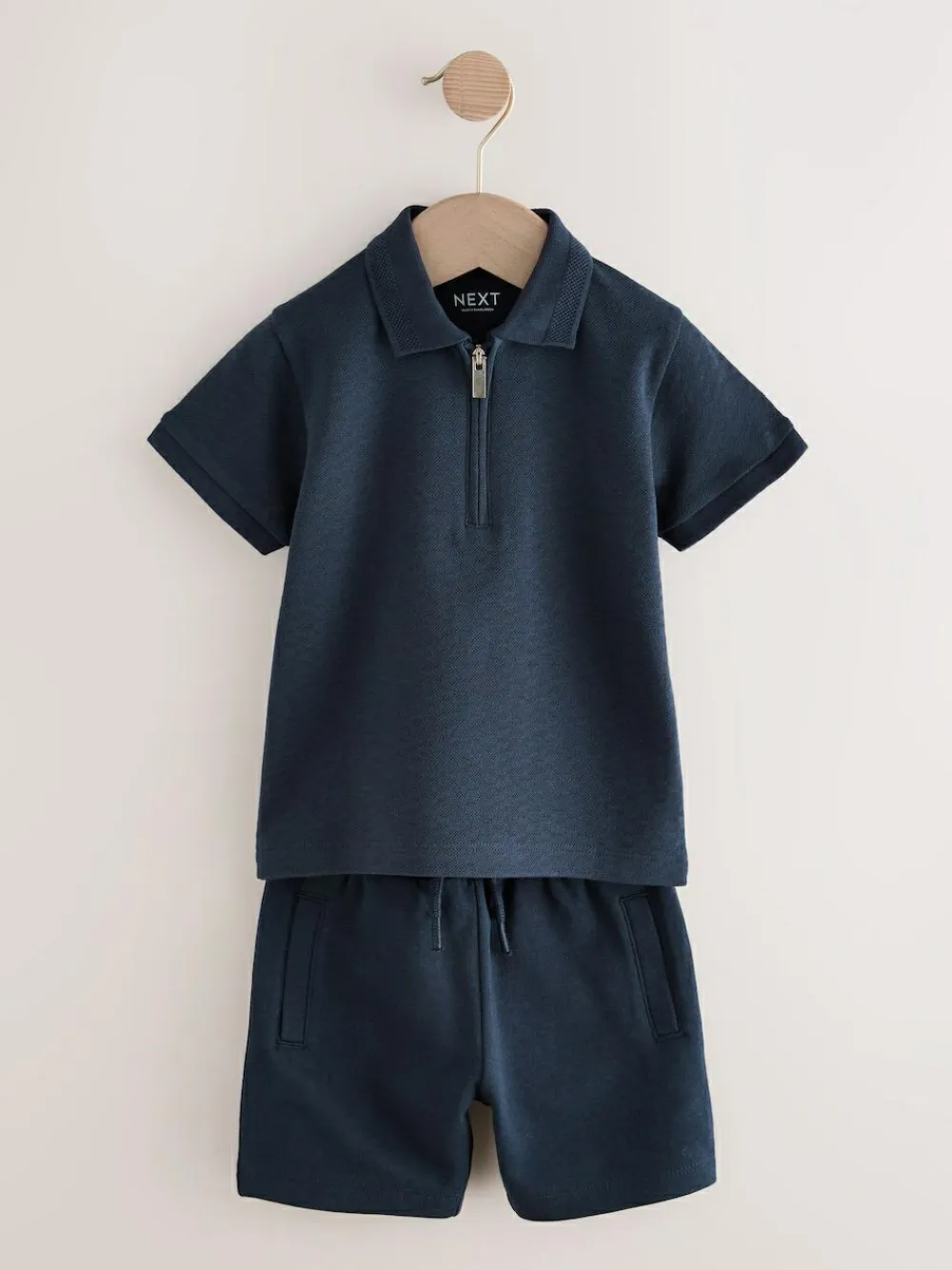 Best Next Navy Textured Short Sleeve Polo Shirt And Shorts Set (3mths-7yrs)