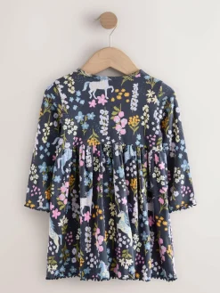 New Next Navy Unicorn Long Sleeve Ribbed Dress (3mths-7yrs)