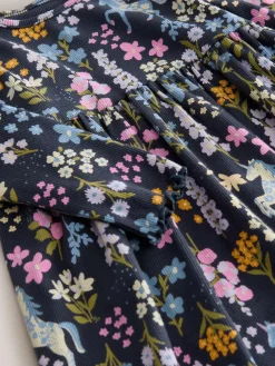 New Next Navy Unicorn Long Sleeve Ribbed Dress (3mths-7yrs)