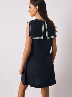 Next Navy with Ecru Tipping Sailor Collar Mini Dress with Linen^Women Dresses