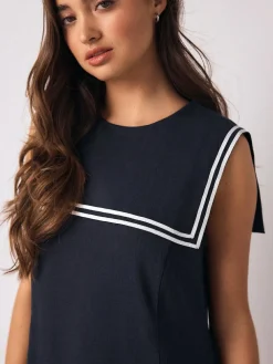 Next Navy with Ecru Tipping Sailor Collar Mini Dress with Linen^Women Dresses