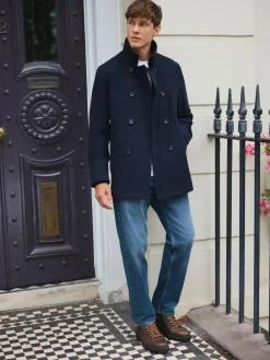 New Next Wool Rich Double Breasted Funnel Coat Navy