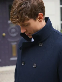 New Next Wool Rich Double Breasted Funnel Coat Navy
