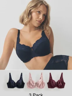 Outlet Next DD+ Lace Trim Non Pad Full Cup Underwired Bras 3 Pack Navy/Berry/Pink