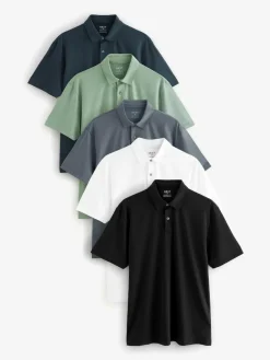 Next Navy/Brown/Grey/White/Sage Green Regular Fit Short Sleeve Jersey Polo Shirts 5 Pack^ Tops & T-Shirts