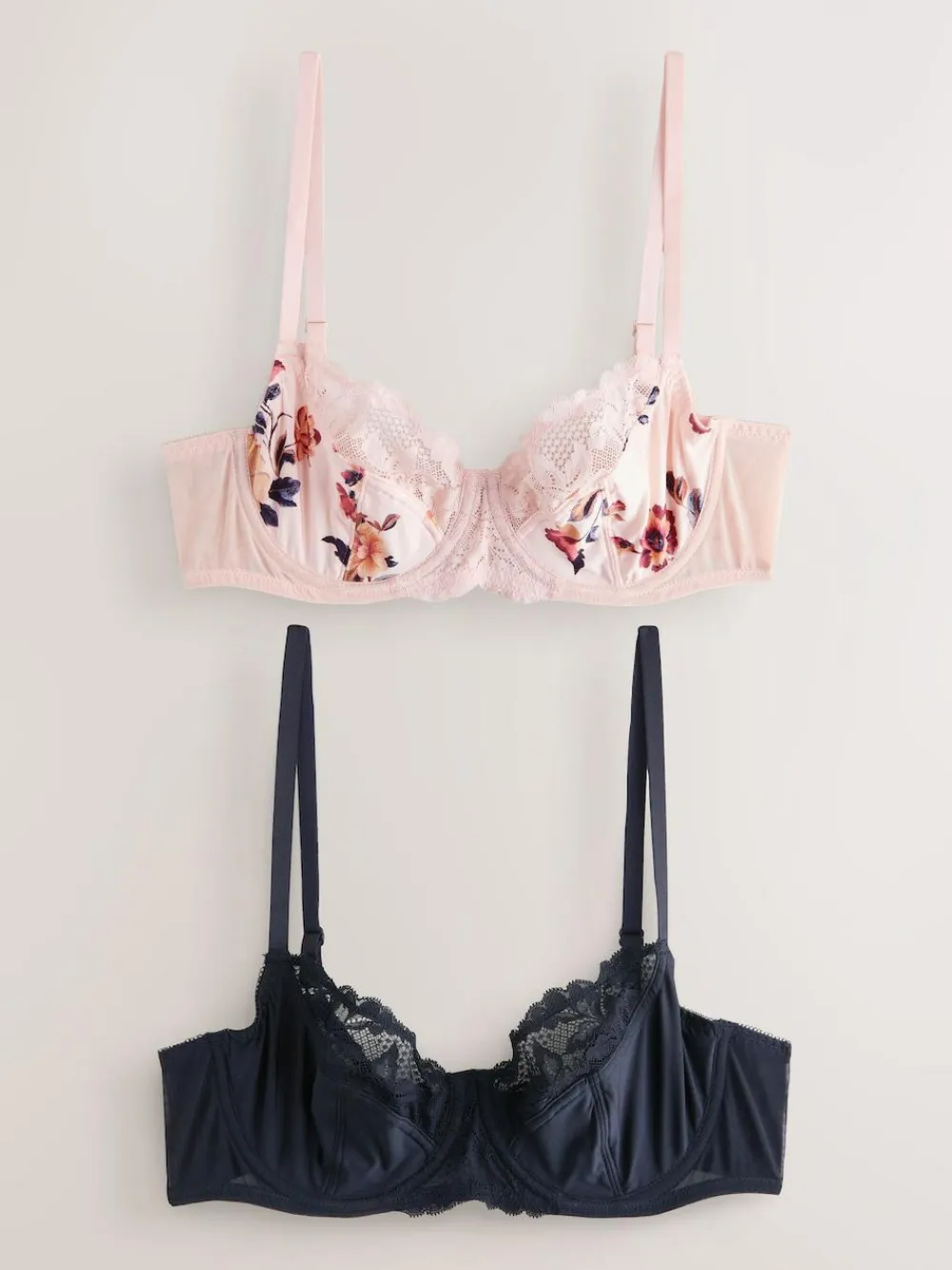 Online Next 2 Pack Non Pad Full Cup Bras Navy/Cream Floral