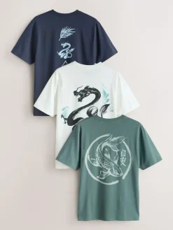 Hot Next Navy/Ecru White/Teal Regular Fit Graphic Print T-Shirts 3 Pack