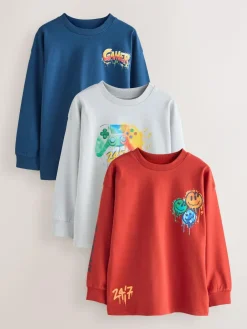 New Next Navy/Grey/Red Gamer Relaxed Fit Graphic Print Long Sleeve T-Shirts 3 Pack (3-16yrs)
