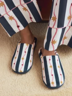 Next Navy/White Stripe Plush Mule Slippers^Women Slippers