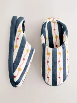 Next Navy/White Stripe Plush Mule Slippers^Women Slippers