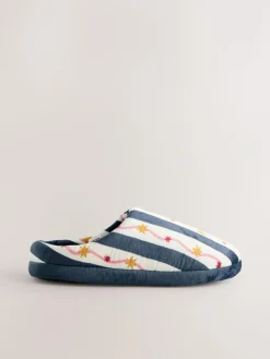 Next Navy/White Stripe Plush Mule Slippers^Women Slippers