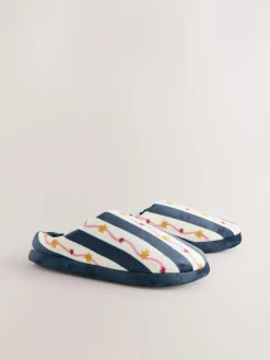 Next Navy/White Stripe Plush Mule Slippers^Women Slippers