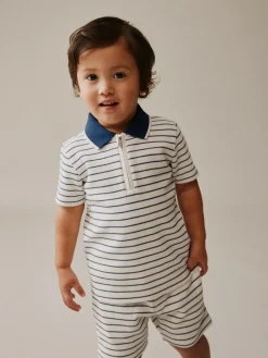 Next Navy/White Stripe Zip Neck Short Sleeve Polo Shirt And Shorts Set (3mths-7yrs)^BOY Shorts|Shorts