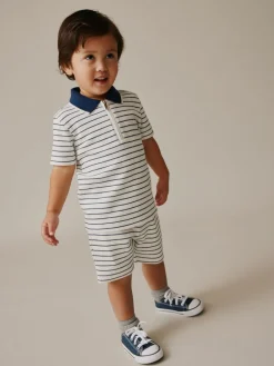 Next Navy/White Stripe Zip Neck Short Sleeve Polo Shirt And Shorts Set (3mths-7yrs)^BOY Shorts|Shorts