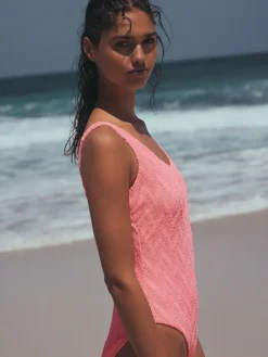 Next Neon Coral Pink Textured Scoop Neck Tummy Control Swimsuit^Women Swimwear