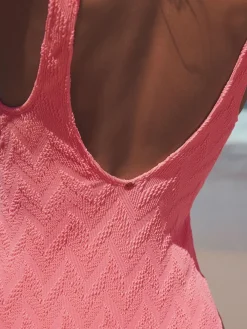 Next Neon Coral Pink Textured Scoop Neck Tummy Control Swimsuit^Women Swimwear
