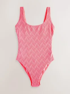Next Neon Coral Pink Textured Scoop Neck Tummy Control Swimsuit^Women Swimwear