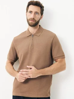 Sale Next Textured Smart Zip Neck Polo Shirt Neutral Brown