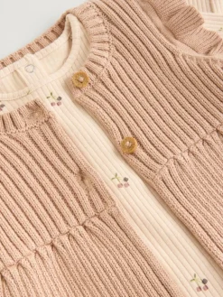 Sale Next Neutral Cherry Knitted Gilet, Long Sleeve Top and Leggings 3 Piece Set (0mths-3yrs)
