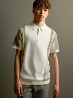 Outlet Next Neutral Colourblock Knitted Zip Neck Polo Shirt (3-16yrs)