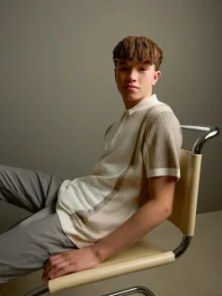 Outlet Next Neutral Colourblock Knitted Zip Neck Polo Shirt (3-16yrs)