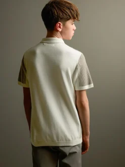 Outlet Next Neutral Colourblock Knitted Zip Neck Polo Shirt (3-16yrs)